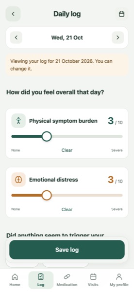 Healing365 Daily log screen with fictional demo data